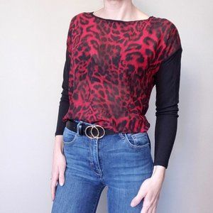 Michael Kors Cat Print Sheer Long Sleeve Top Red